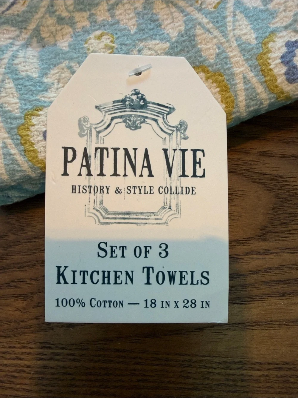Patina Vie Set of 3 Kitchen Towels - 2 Blue & Cream Pattern, 1 Solid White